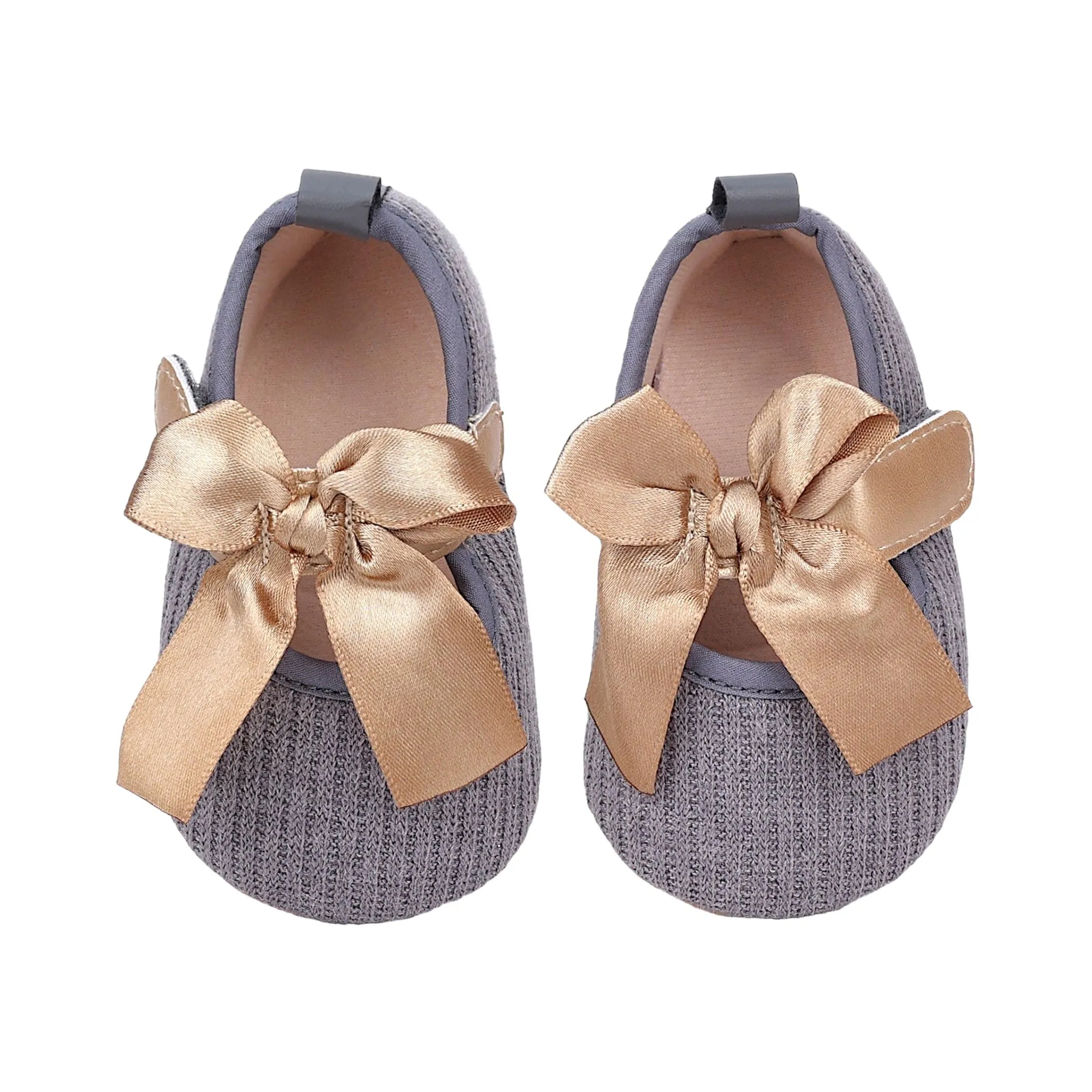 Baby Moo Bow Knot Velcro Strap Ribbed Anti-Skid Ballerina Booties - Grey