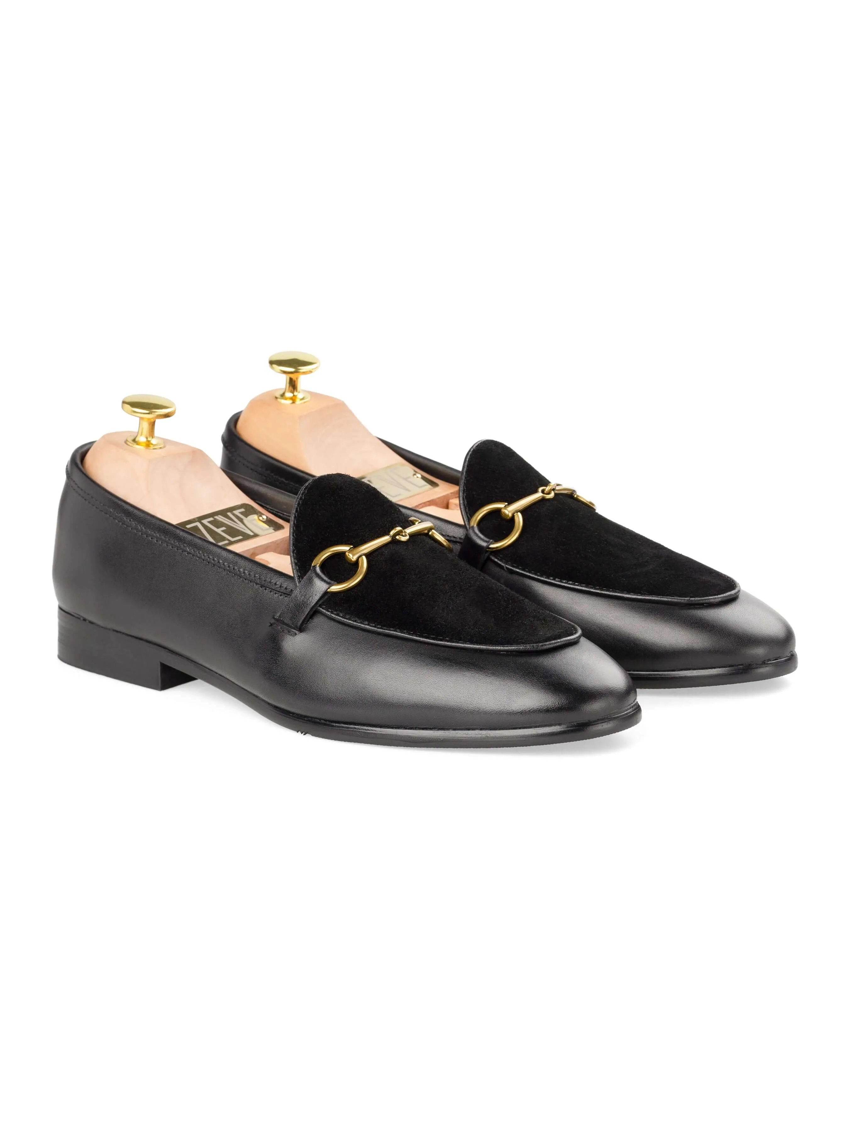 Belgian Loafer Horsebit Buckle - Solid Black & Suede (Gold Buckle)