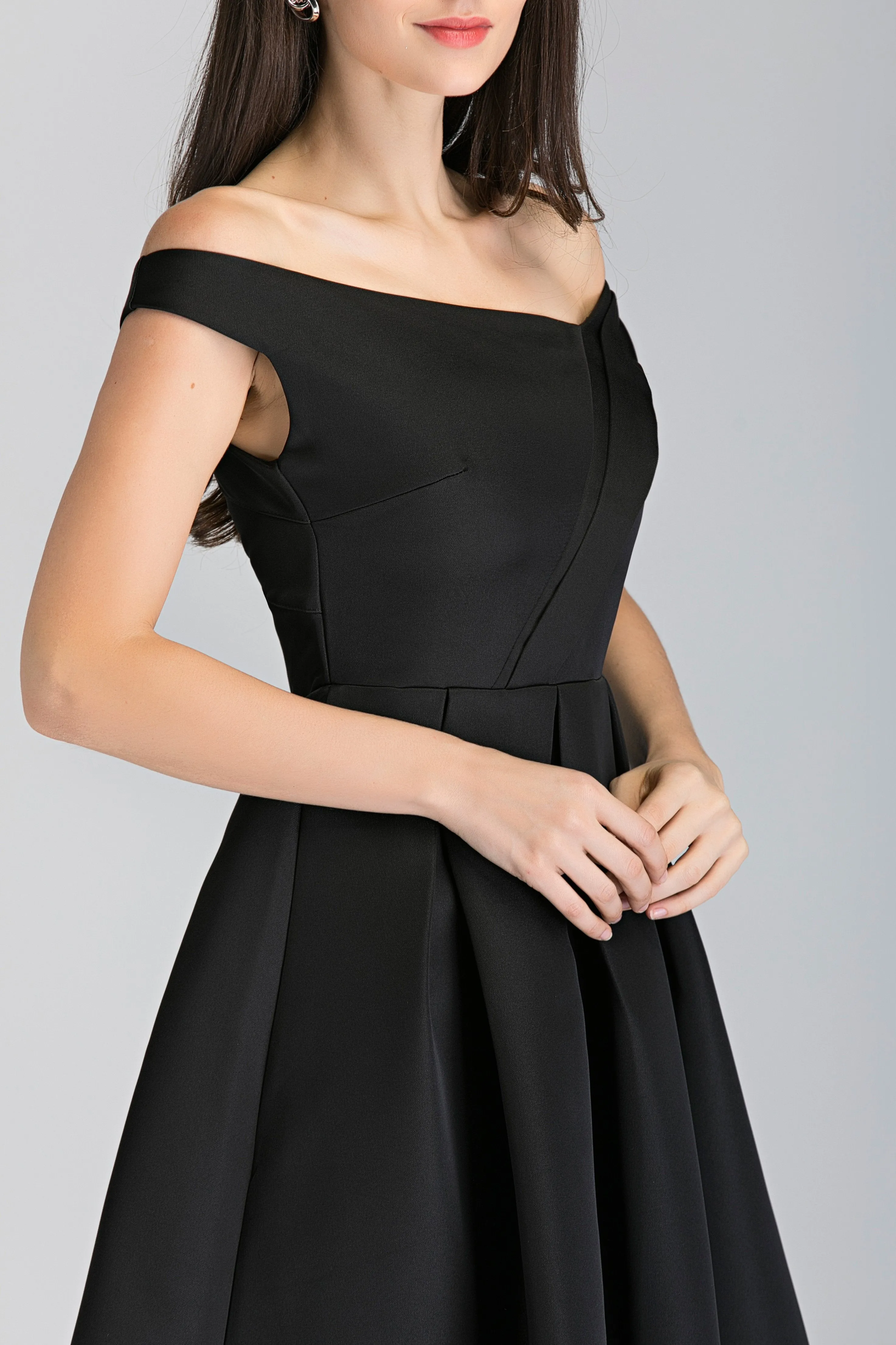 Black Asymmetric Strap Midi Ball Dress