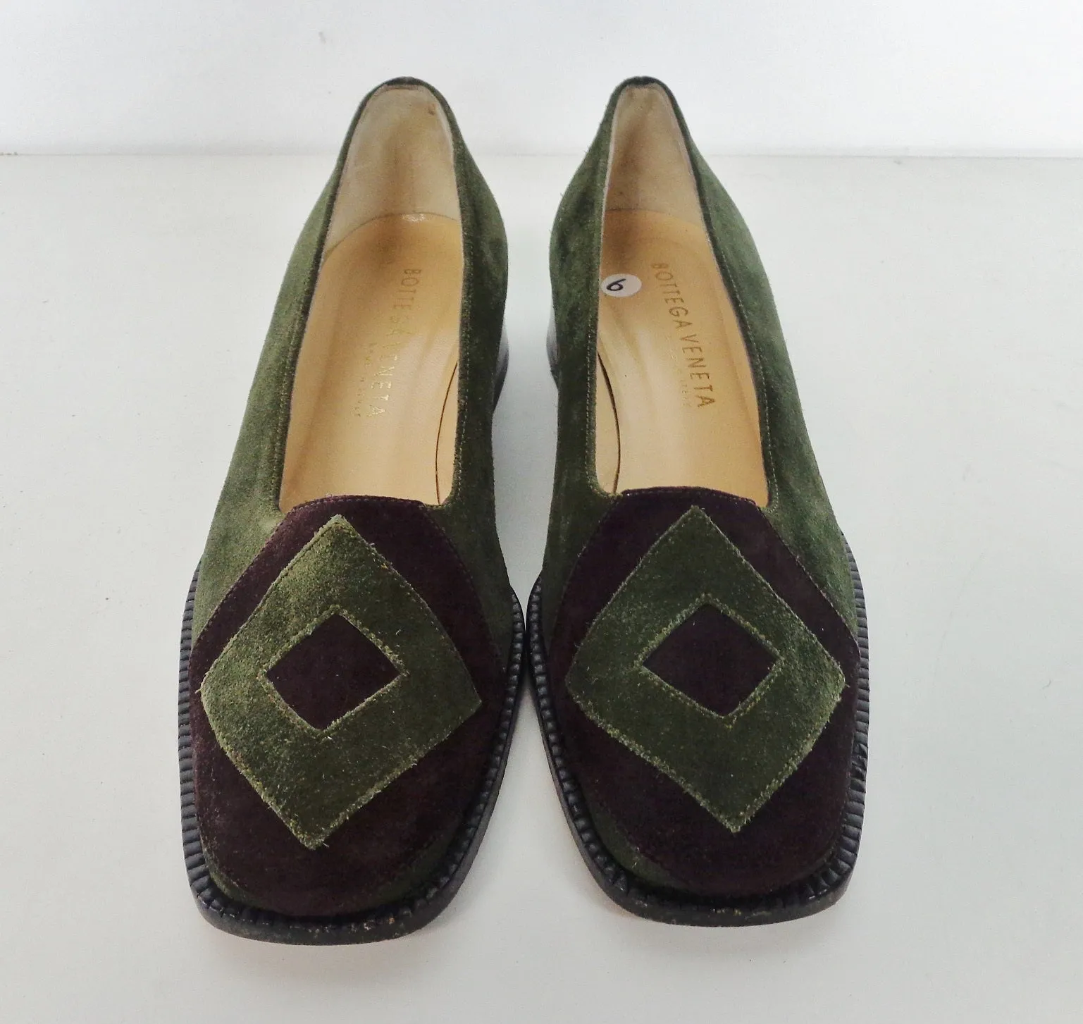 BOTTEGA VENETA Green and Purple Suede Flats with Wooden Block Heel Size 6