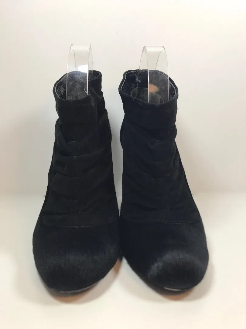 CATHERINE MALANDRINO Black Faux Fur and Suede Ruched Bootie Size 40