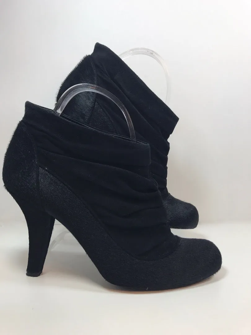 CATHERINE MALANDRINO Black Faux Fur and Suede Ruched Bootie Size 40