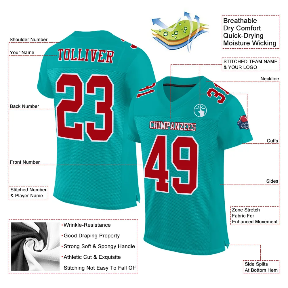 Custom Aqua Red-White Mesh Authentic Football Jersey