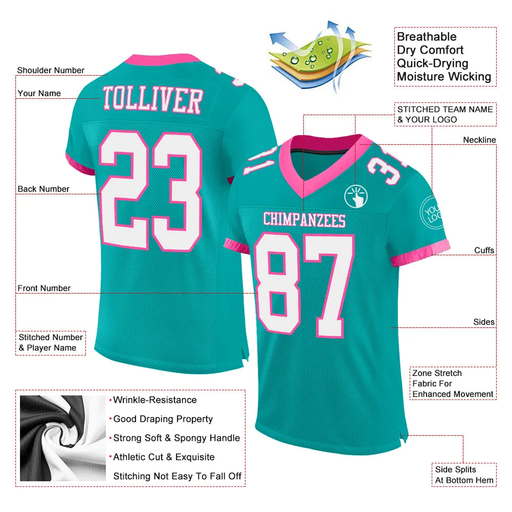 Custom Aqua White-Pink Mesh Authentic Football Jersey