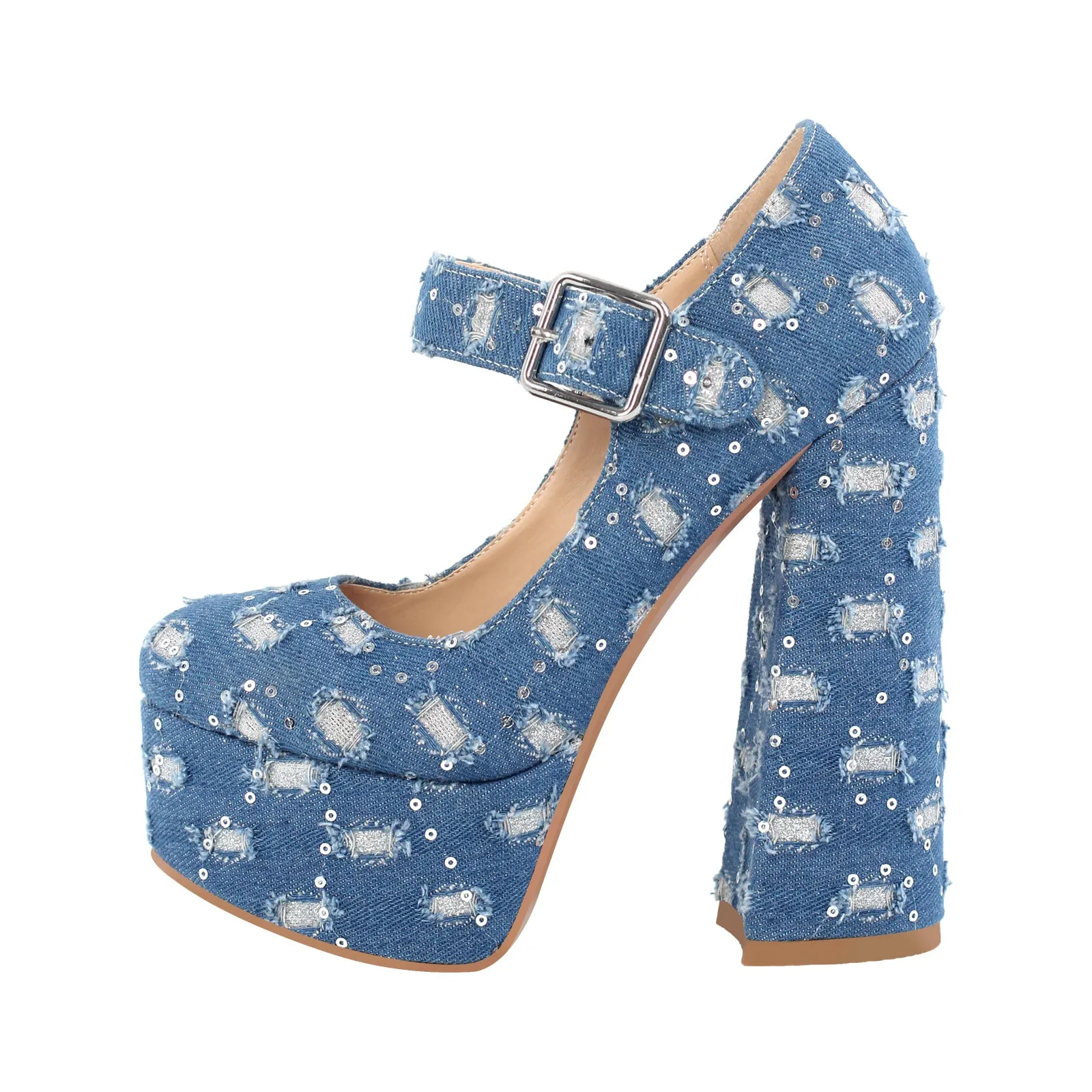 Denim Round Toe Platform Chunky Heels Pumps