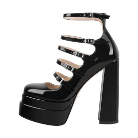 Double Platform Square Toe Chunky Heel Pumps