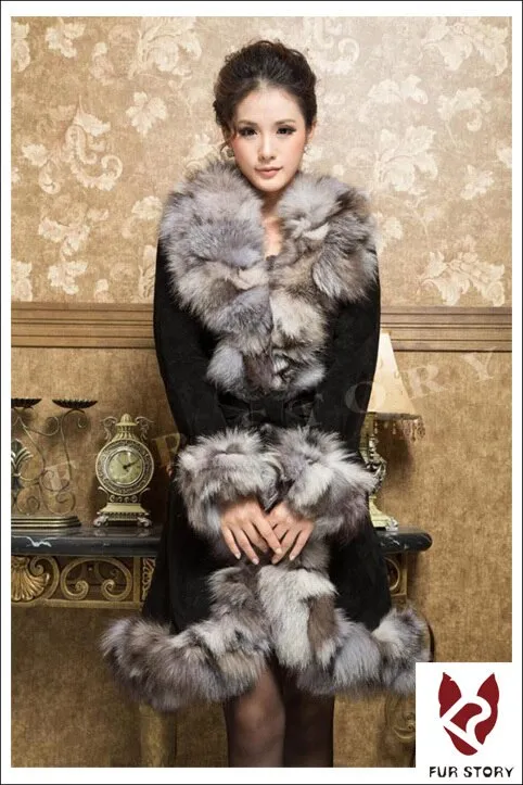 Genuine Leather Coat Pig Suede Leather Silver Fox Fur Collar  Jacket Outwear  010204