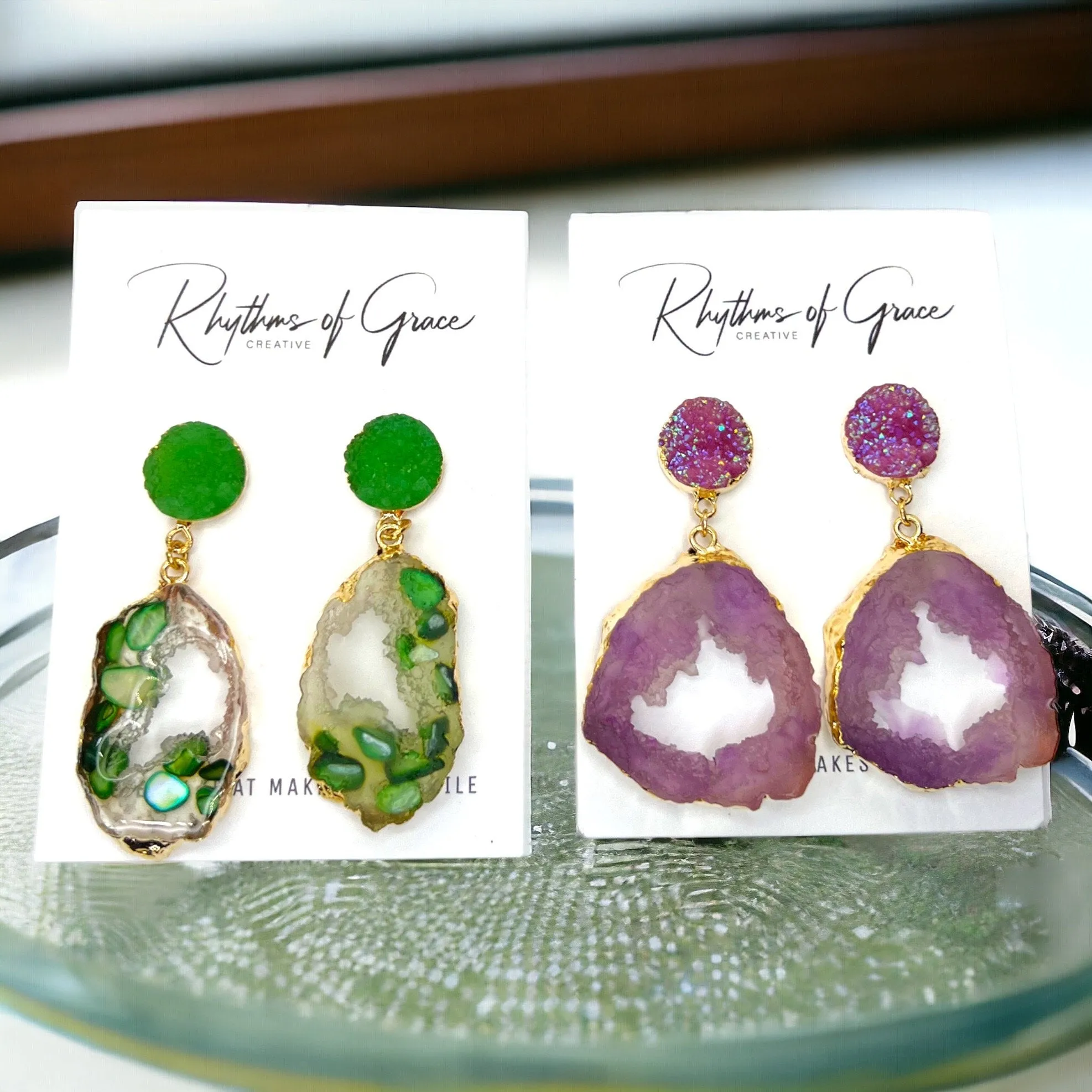 Geode Earrings - Crystal Earrings, Crystal Jewelry, Handmade Earrings, Handmade Jewelry, Geodes, Purple Earrings, Green Earrings, Rock