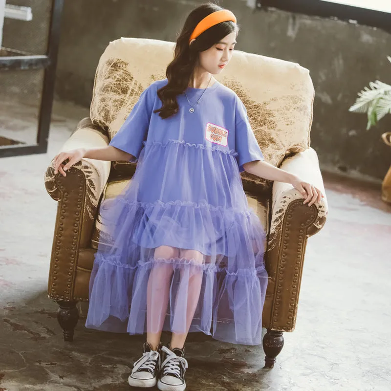 Girls' Short Sleeve Dress Summer  New Medium and Big Children Summer Dress Children's Mesh Princess Dress Western Style