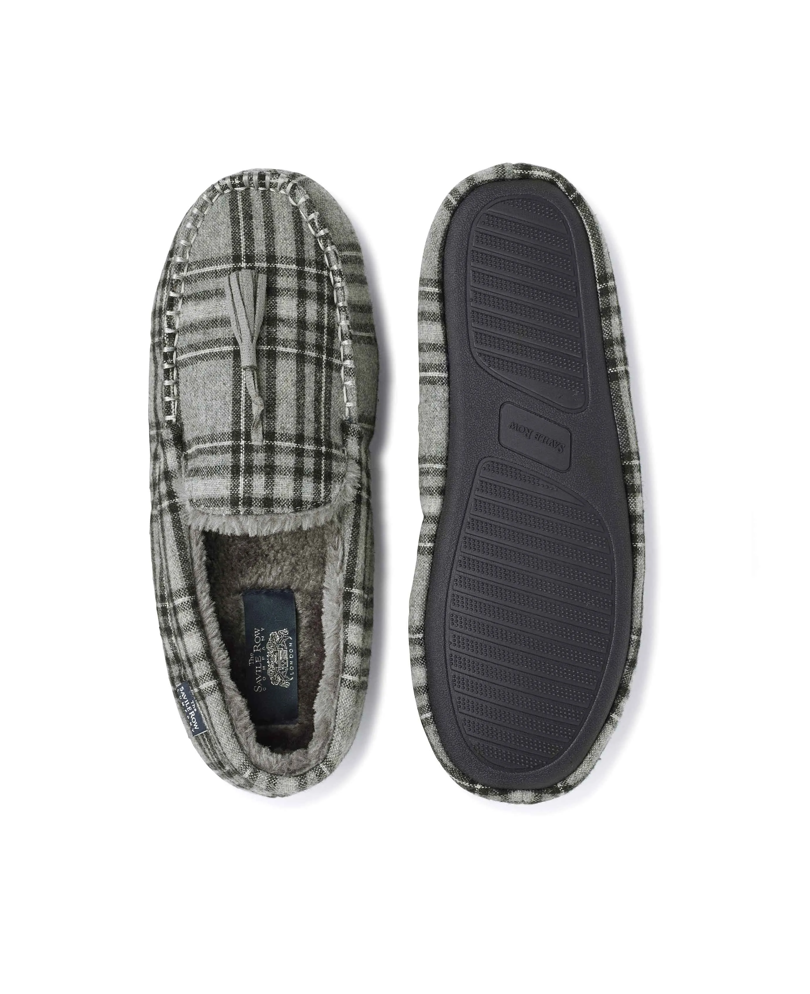 Grey Check Microsuede Moccasin Slippers