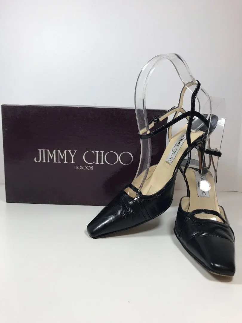 JIMMY CHOO Black Leather Square Toe with Cutout Vamp Patent Leather Detailing Size 6 1/2