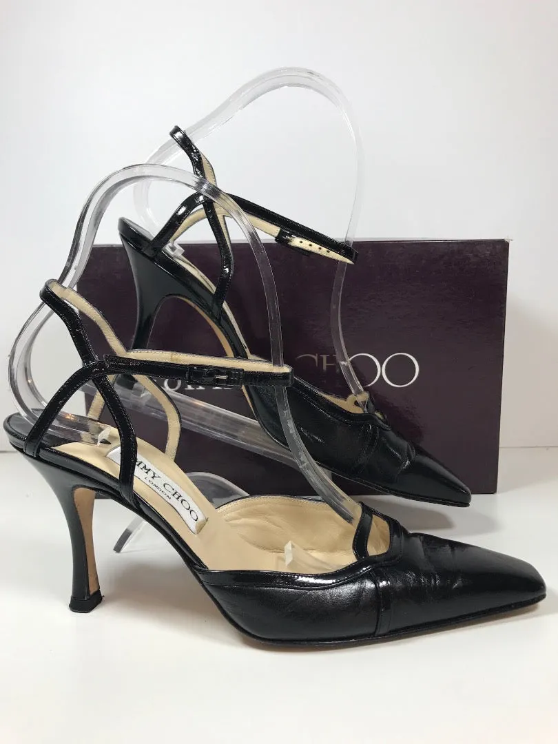 JIMMY CHOO Black Leather Square Toe with Cutout Vamp Patent Leather Detailing Size 6 1/2