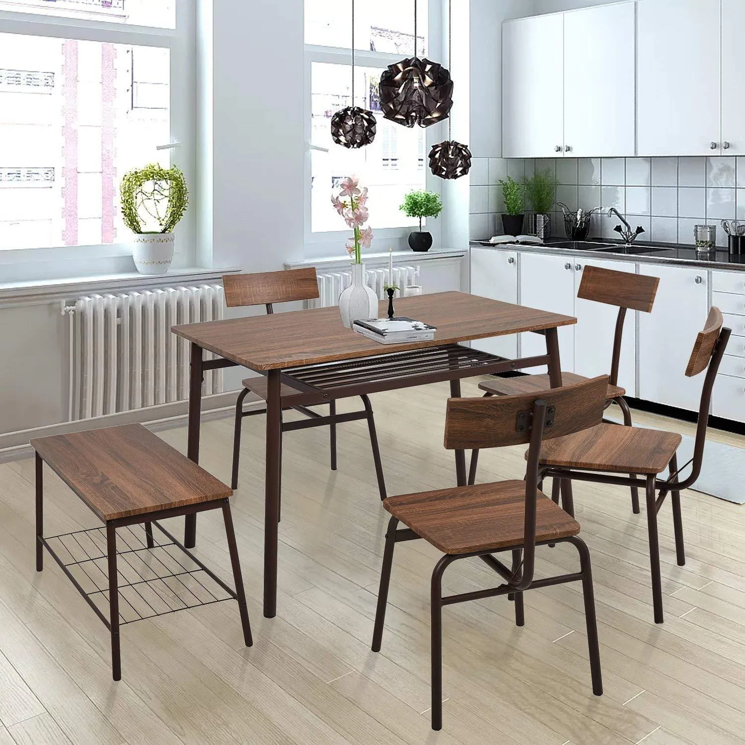 Kitchen Table and Chairs for 6 Dining Table Industrial Wooden Dinette Set w/ Storage Racks Bench, Brown