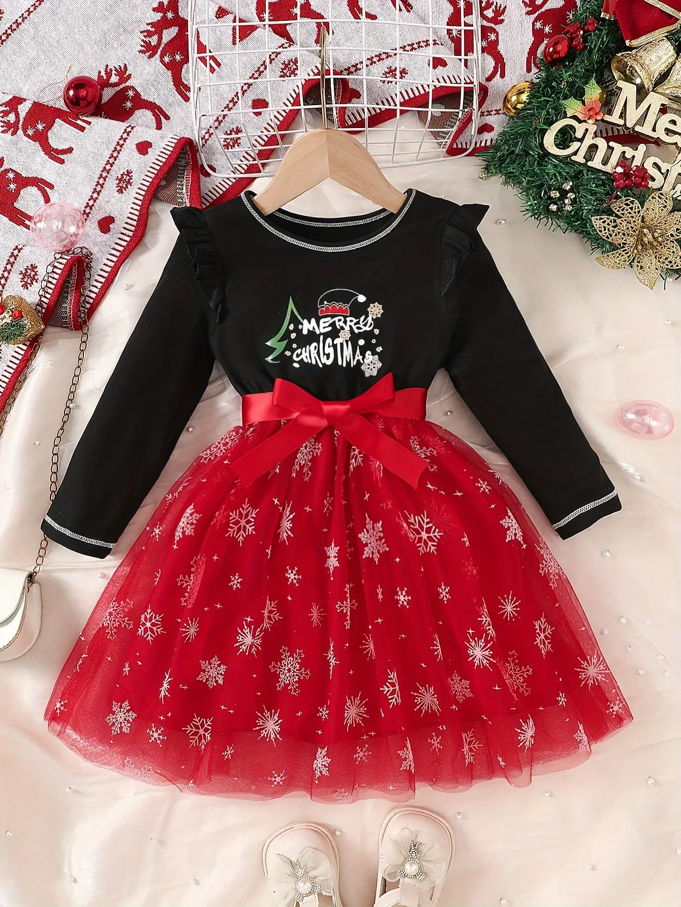 Long Sleeve MERRY CHRISTMAS Print Belted Mesh Dress for Girls, Festive Ruffle Spliced, Stylish & Cute, for Fall & Winter, as Christmas Gifts