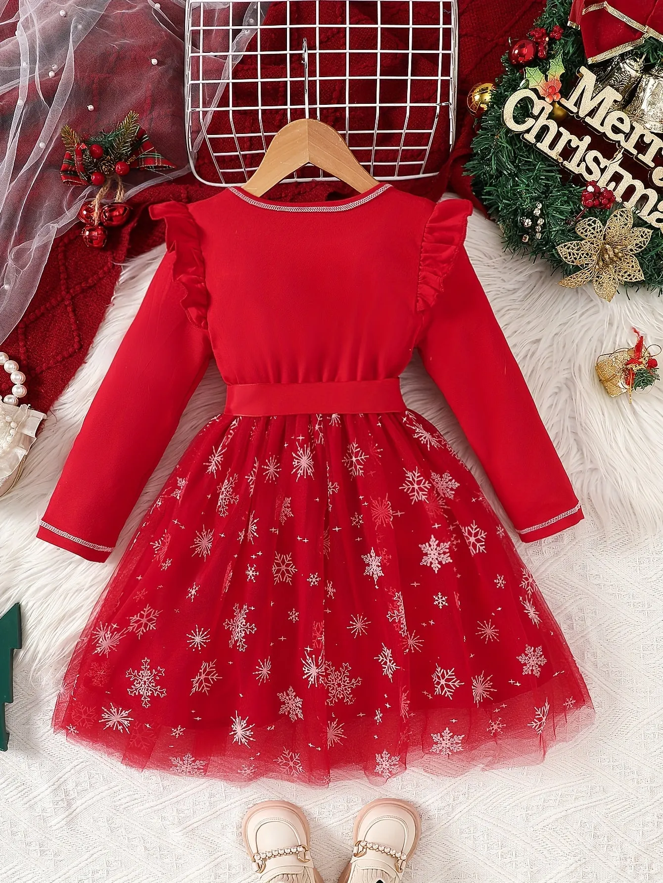 Long Sleeve MERRY CHRISTMAS Print Belted Mesh Dress for Girls, Festive Ruffle Spliced, Stylish & Cute, for Fall & Winter, as Christmas Gifts