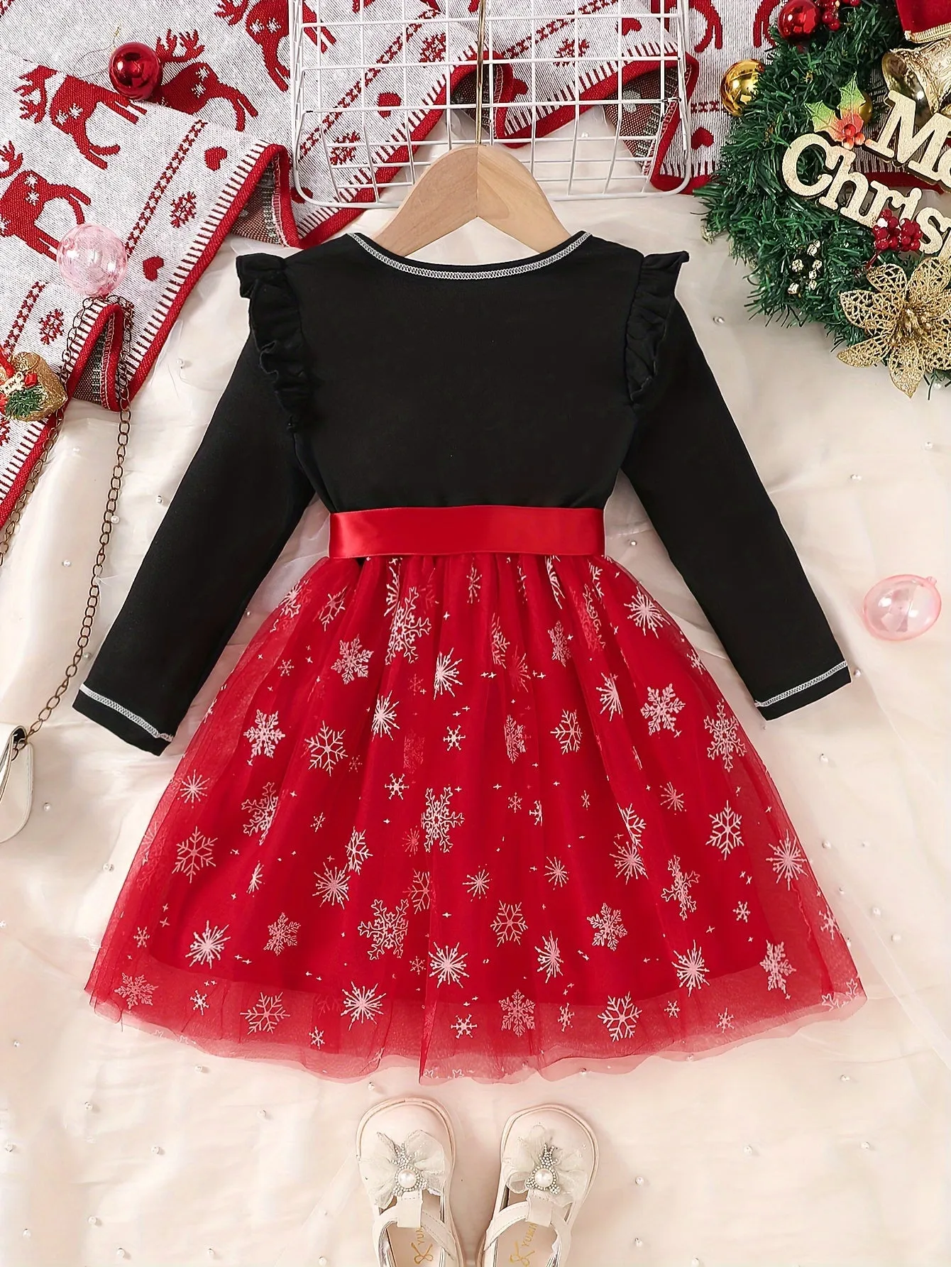 Long Sleeve MERRY CHRISTMAS Print Belted Mesh Dress for Girls, Festive Ruffle Spliced, Stylish & Cute, for Fall & Winter, as Christmas Gifts