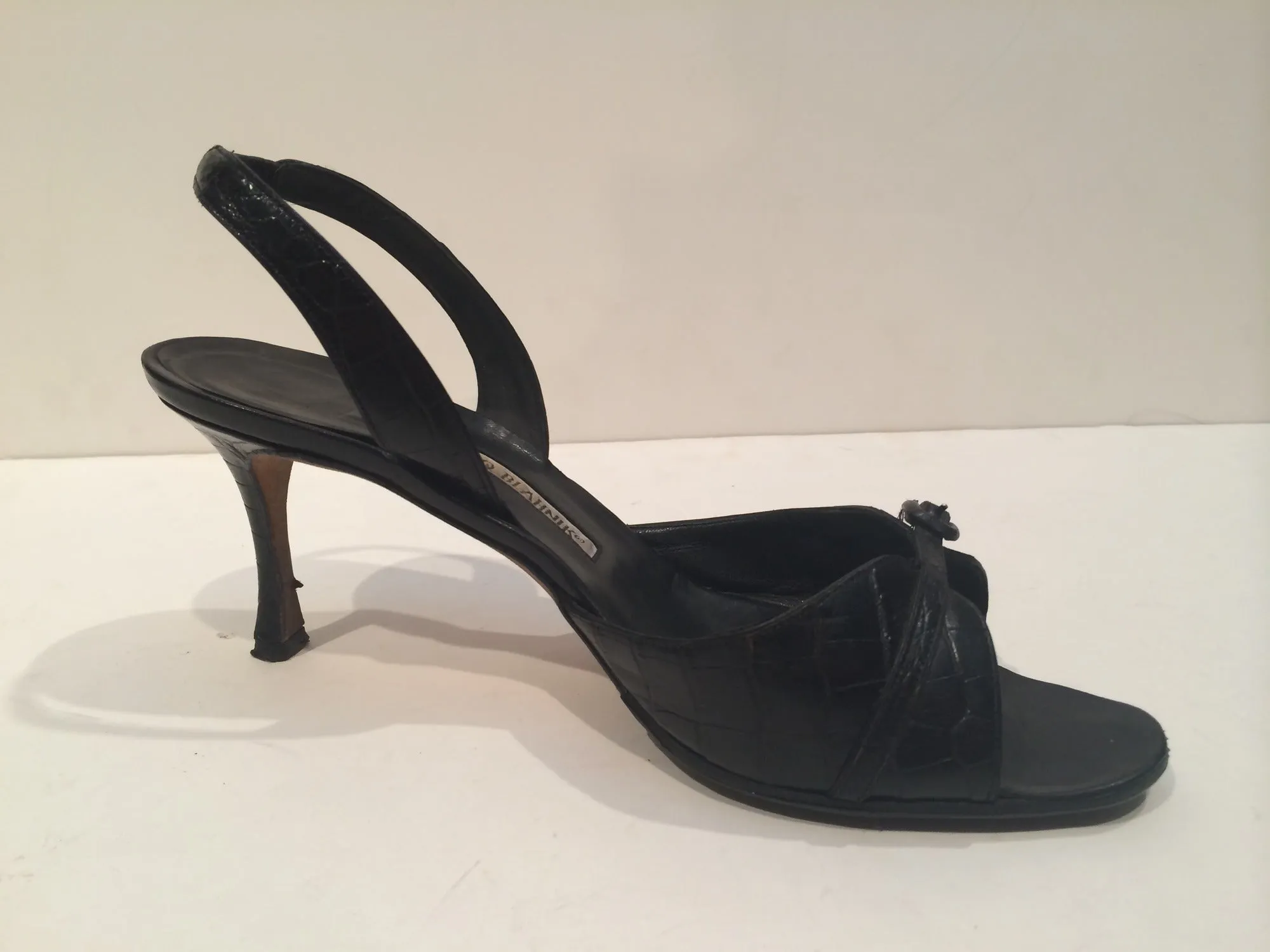 MANOLO BLAHNIK Black Crocodile Open Toe Sling Back Heels Size 8 1/2