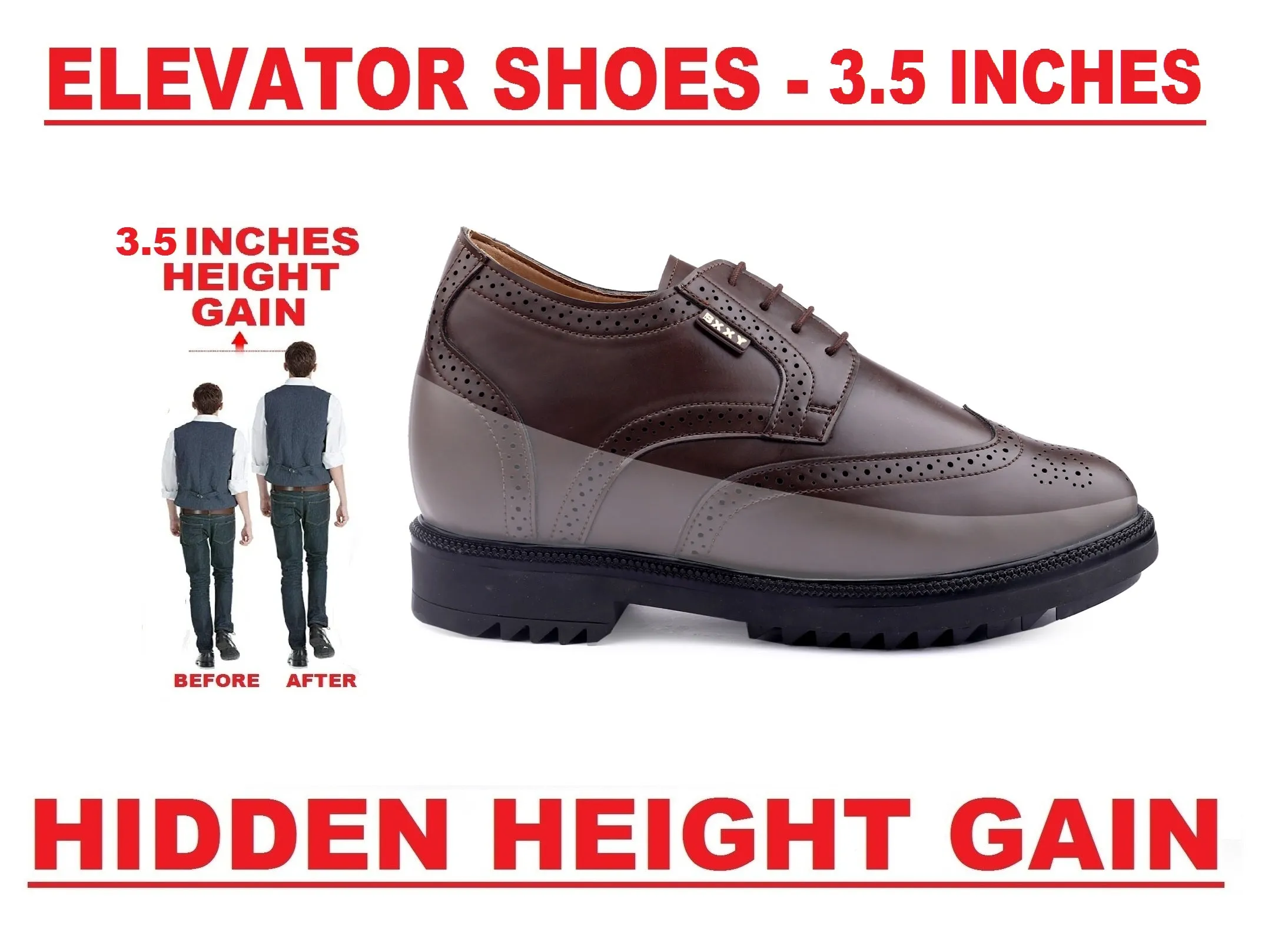 Men's 3.5 inch Hidden Height Increasing Faux Leather Brogue Lace-up Shoes