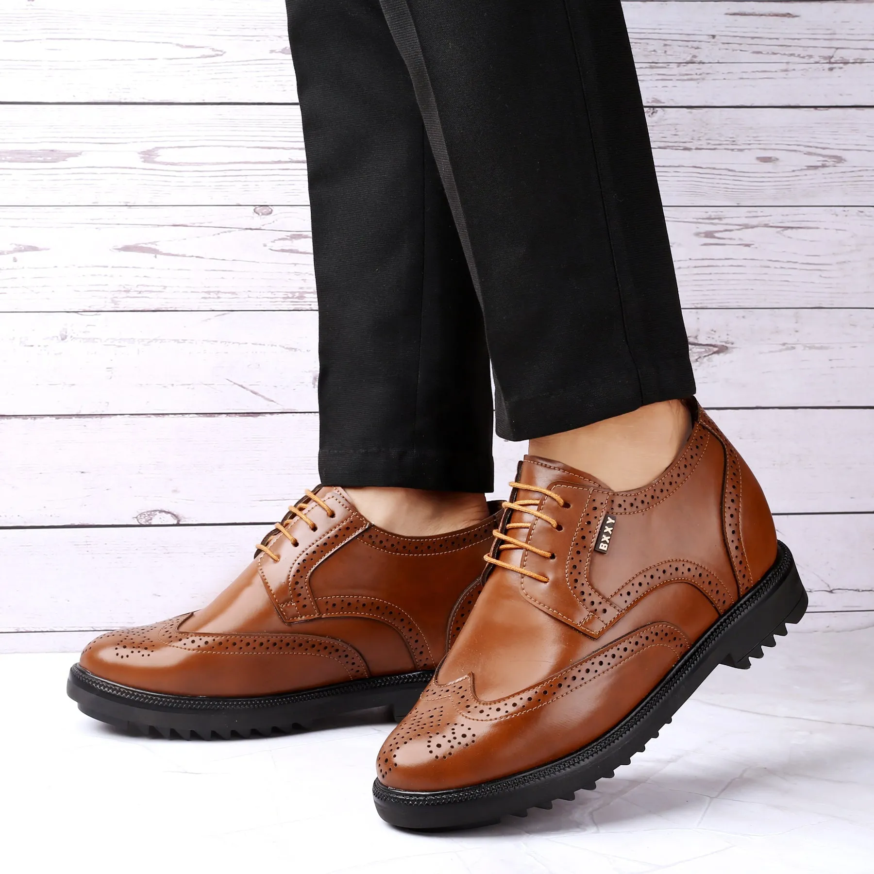 Men's 3.5 inch Hidden Height Increasing Faux Leather Brogue Lace-up Shoes