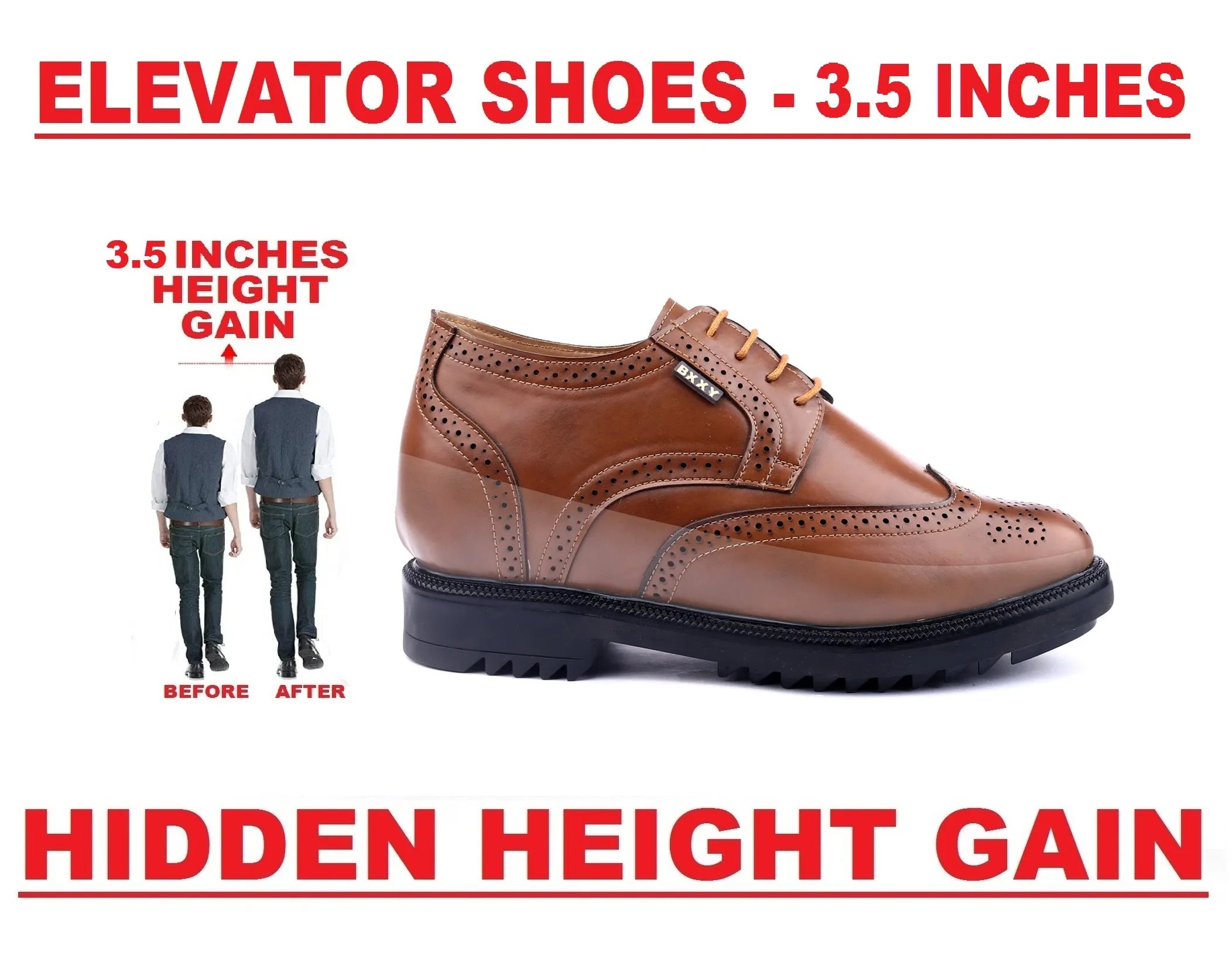 Men's 3.5 inch Hidden Height Increasing Luxe Brogue Lace-up Shoes