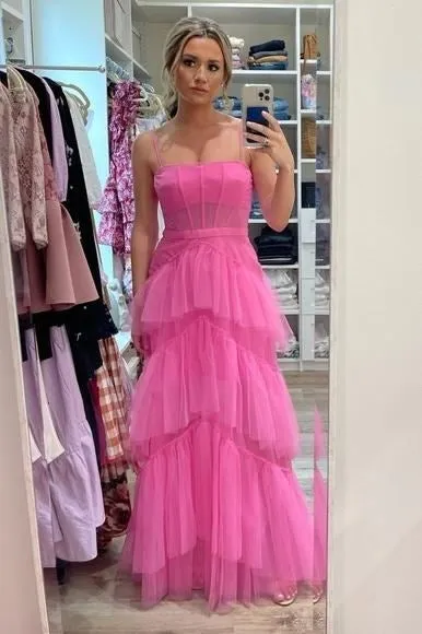 Princess Hot Pink Long Prom Dress Layered Tulle Sleeveless Corset Gown,Evening Dresses