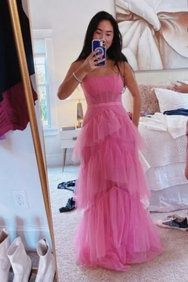 Princess Hot Pink Long Prom Dress Layered Tulle Sleeveless Corset Gown,Evening Dresses