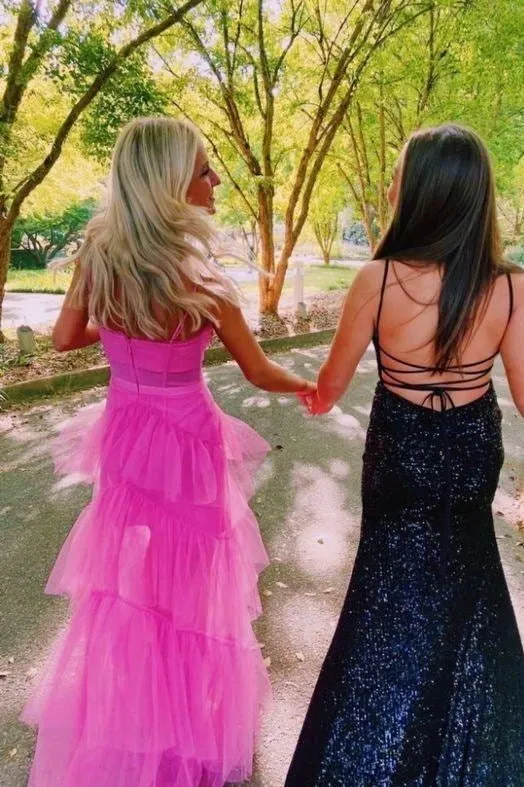 Princess Hot Pink Long Prom Dress Layered Tulle Sleeveless Corset Gown,Evening Dresses