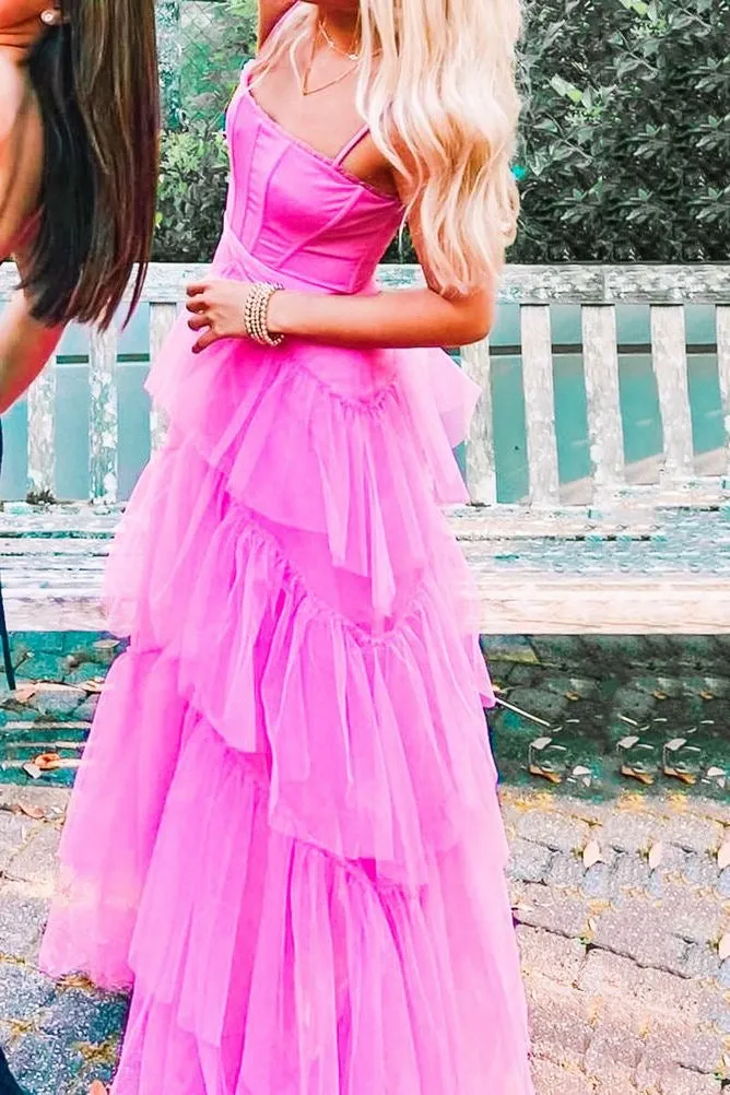 Princess Hot Pink Long Prom Dress Layered Tulle Sleeveless Corset Gown,Evening Dresses