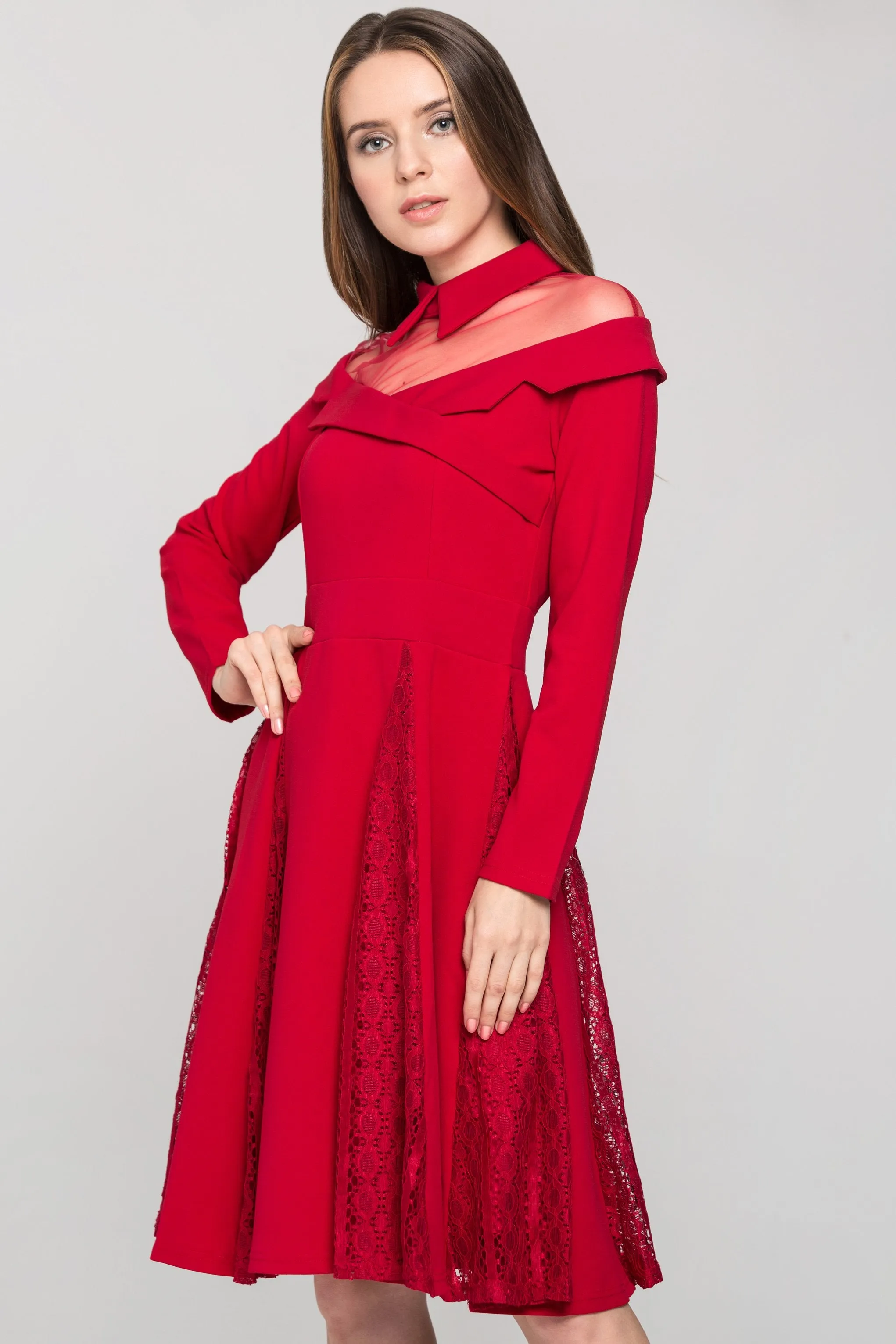 Red Collared Sheer Yoke Sleeved Princess Midi Dress