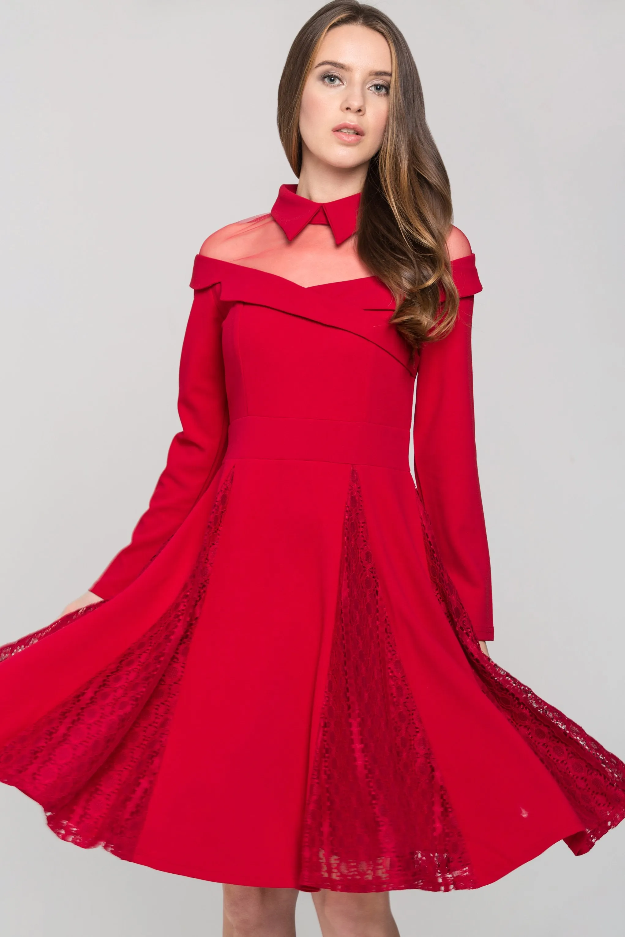 Red Collared Sheer Yoke Sleeved Princess Midi Dress