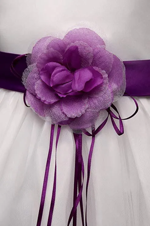 White Ball Gown Sleeveless Long Flower Girl Dress with Purple Flowers Sash UF064