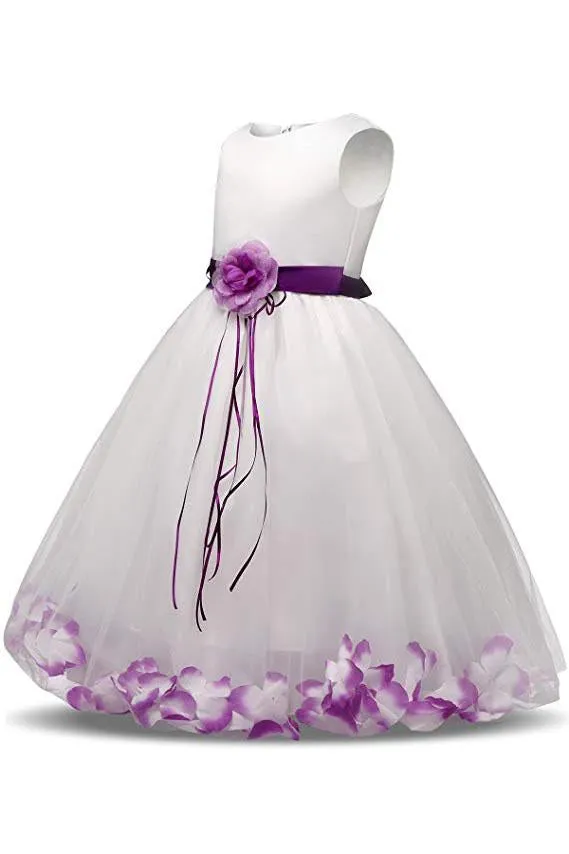 White Ball Gown Sleeveless Long Flower Girl Dress with Purple Flowers Sash UF064