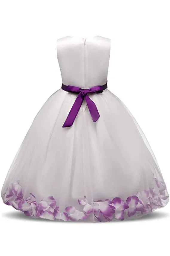 White Ball Gown Sleeveless Long Flower Girl Dress with Purple Flowers Sash UF064