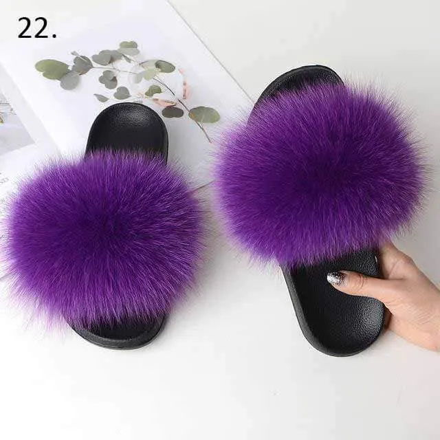 Women Casual Real Fox Fur Slippers