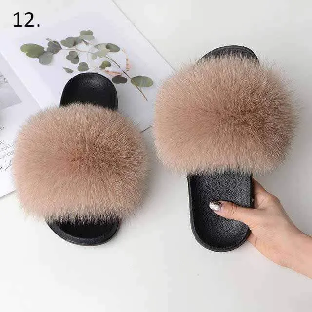 Women Casual Real Fox Fur Slippers