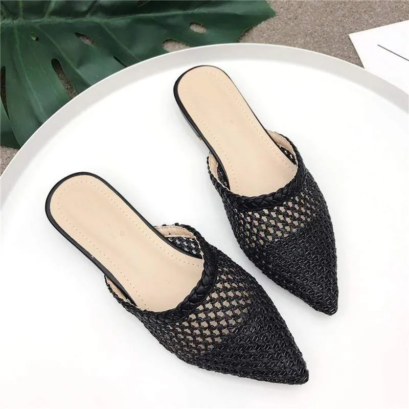 Women Pointed Toe Loe Heel Slide Sandals/ Slippers Cane Woven Beach Shoes Mule Slippers