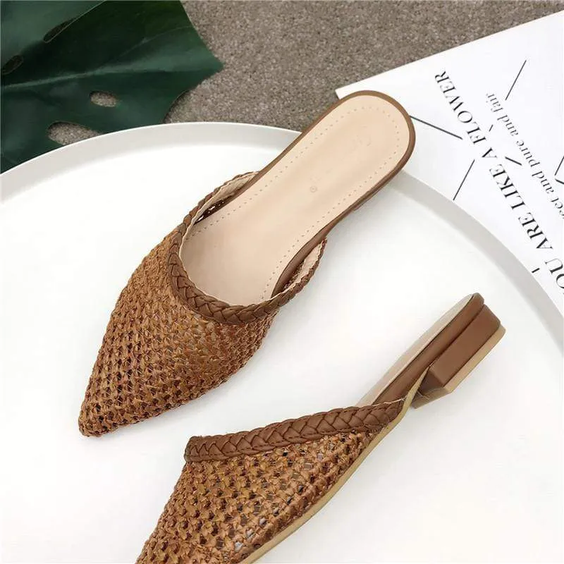 Women Pointed Toe Loe Heel Slide Sandals/ Slippers Cane Woven Beach Shoes Mule Slippers