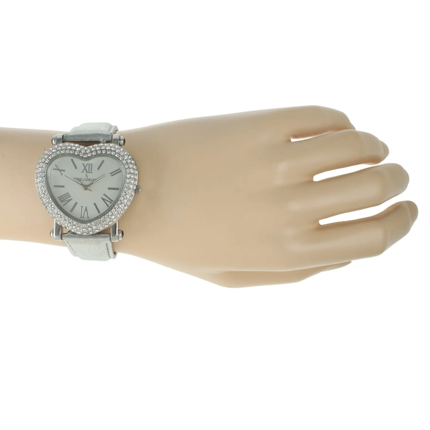 Women's 38mm Silver Crystal Heart Watch with Leather Strap